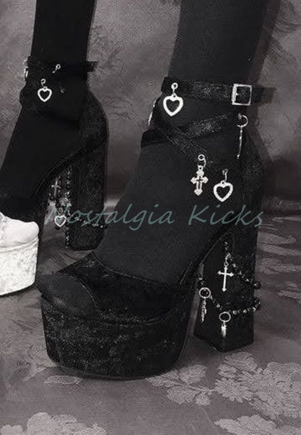 Peep Toe Heels - Gothic Black Velvet Platform High Heel