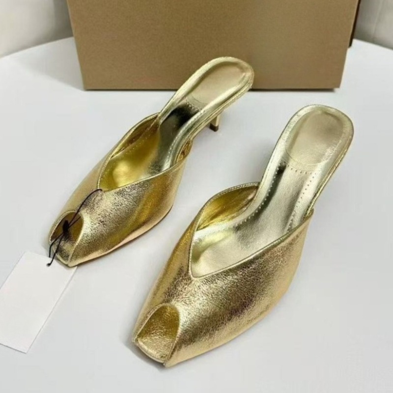 Peep Toe Heels - Shiny Gold Women Mules Shoes Shallow