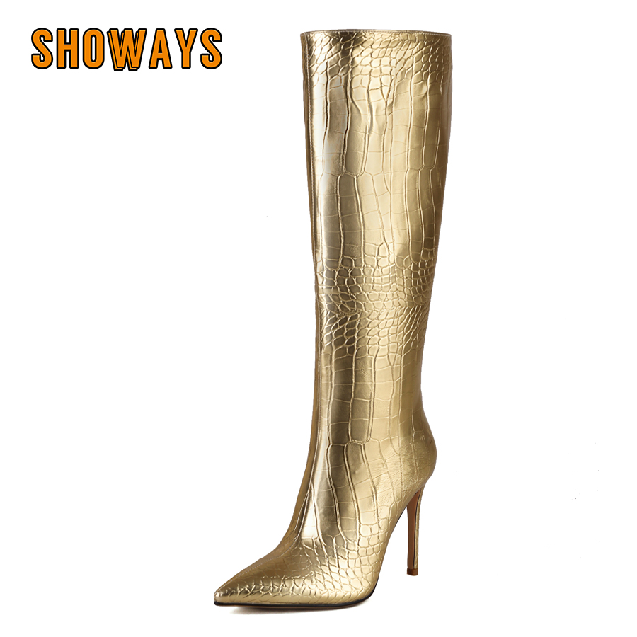 Shiny Silver Gold Women Knee H - Zip Up Boots Short recension och pris