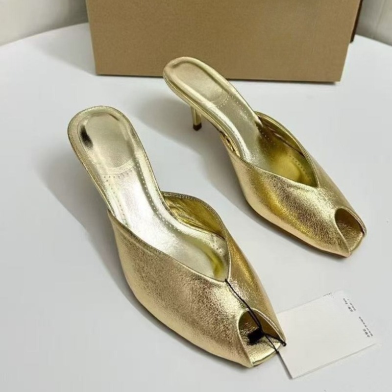 Shiny Gold Women Mules Shoes S - Peep Toe Heels recension och pris