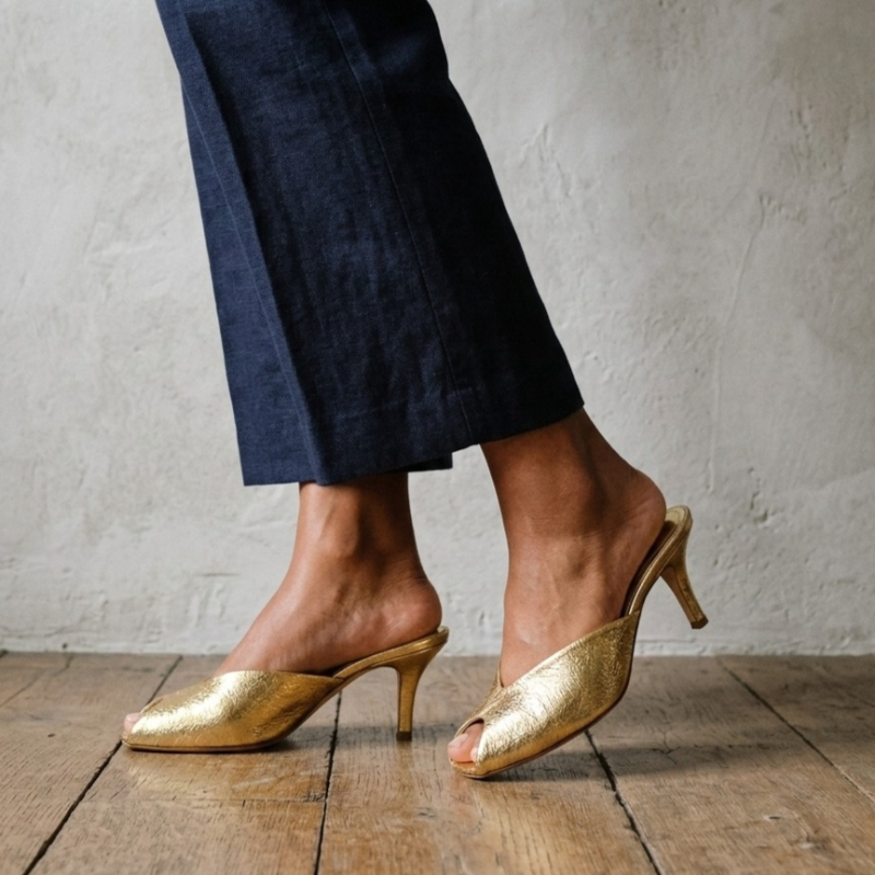 Shiny Gold Women Mules Shoes S - Peep Toe Heels recension och pris