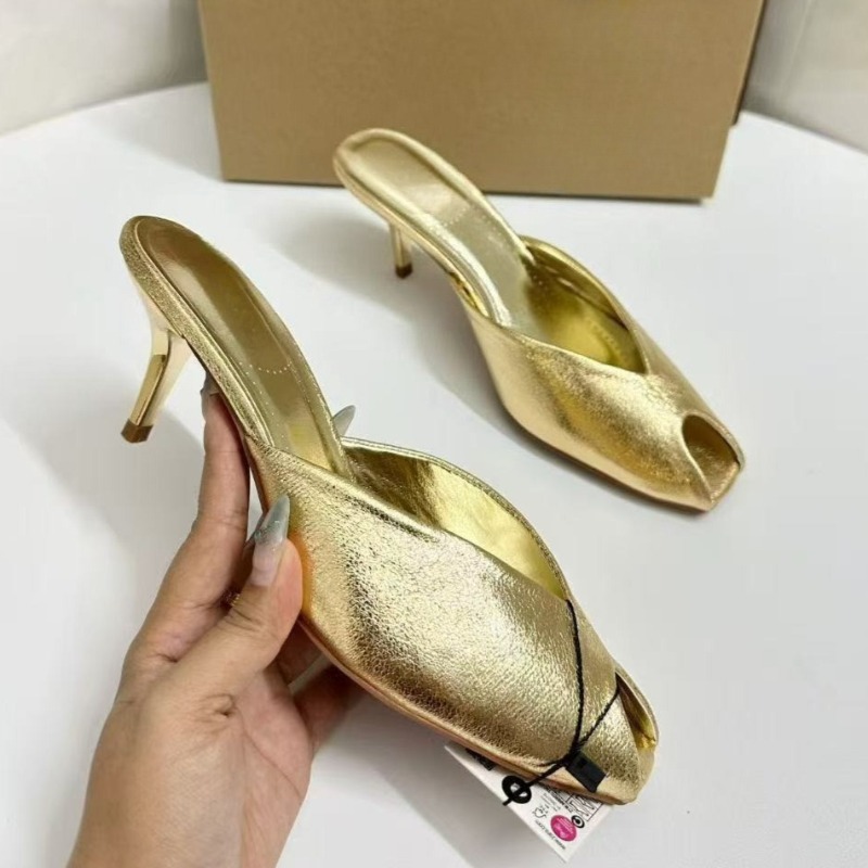 Shiny Gold Women Mules Shoes S - Peep Toe Heels recension och pris